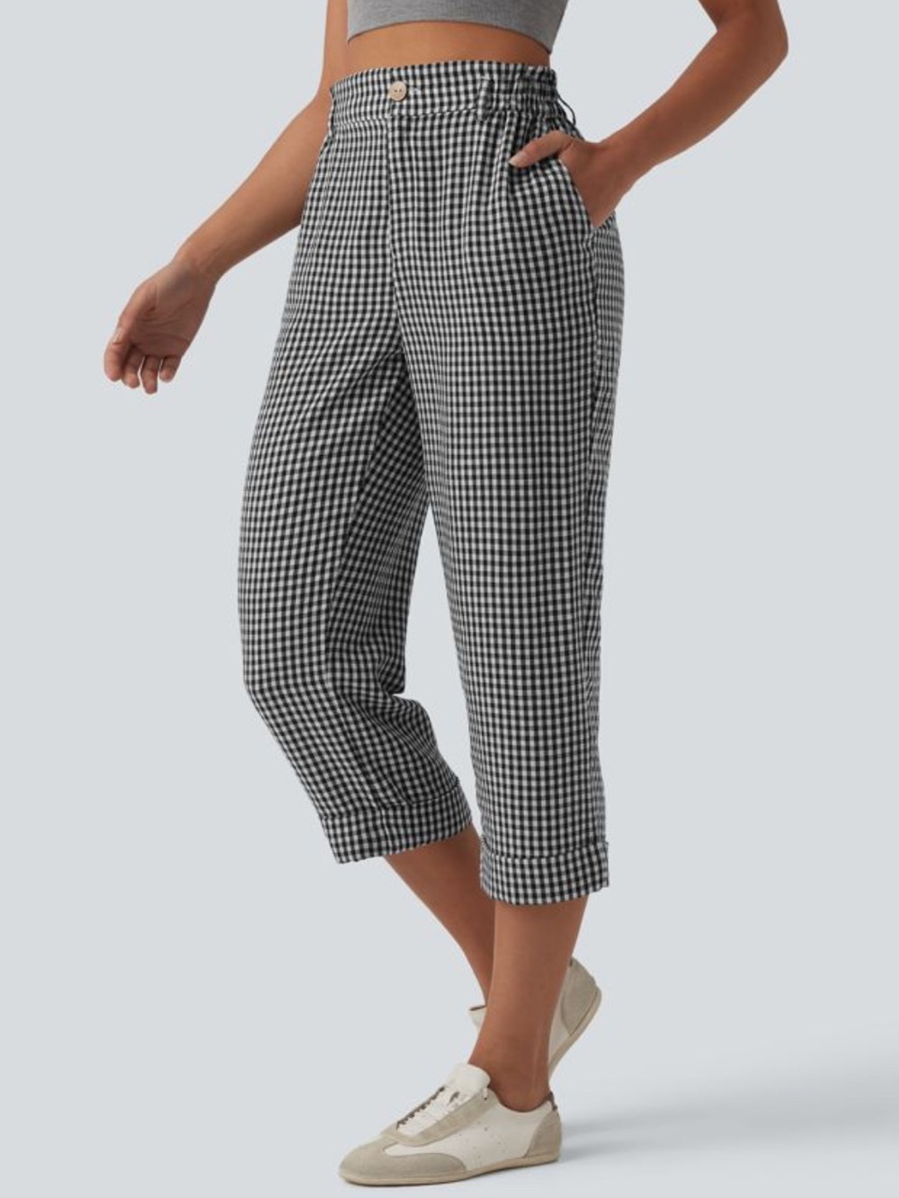 Halara High Waisted Cropped Plaid Casual Linen-Feel Pants Cottagecore Farm